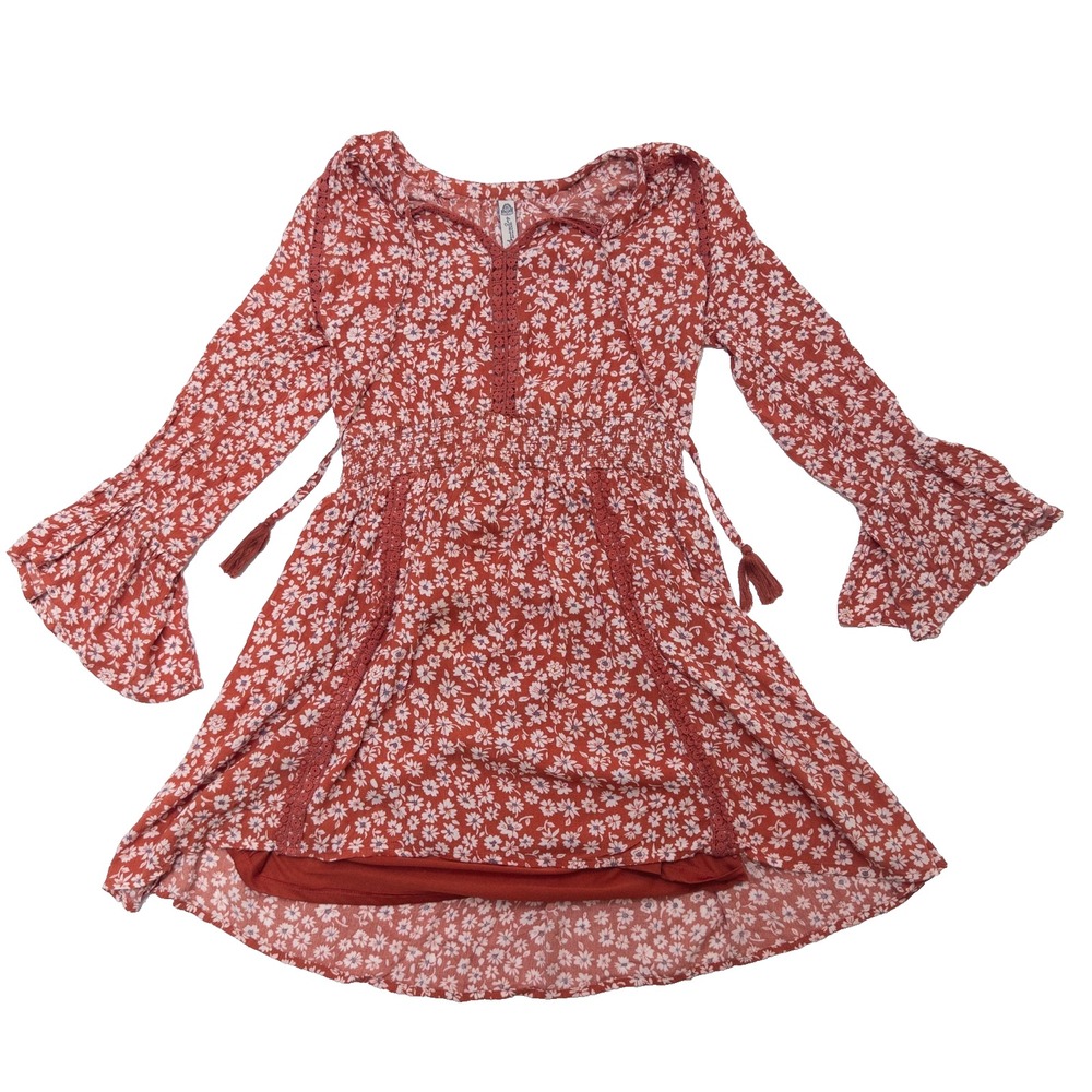 American‎ Rag Women's XS Red Floral Boho Peasant Mini Dress Bell Sleeve
